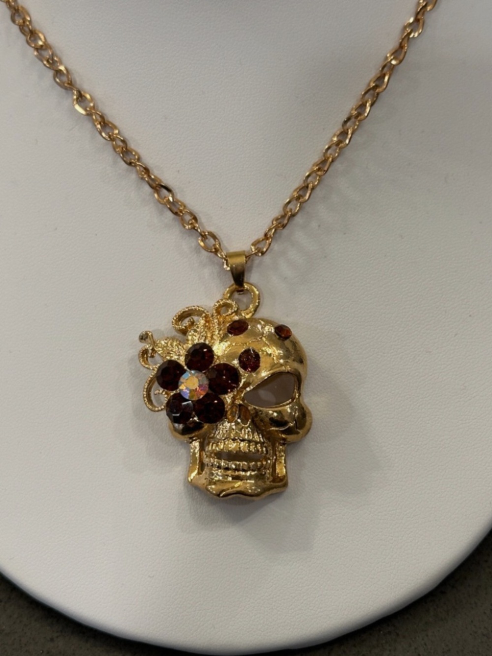 Brown & Clear Rhinestone Skull Necklace Gold Tone 26" Chain
